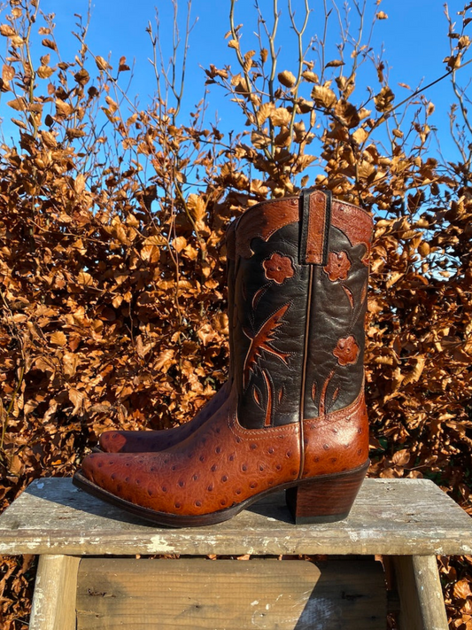 Contrast Black And Ostrich Brown Snip-Toe Flowers Bird Inlay Wide Mid Calf Cowgirl Boots