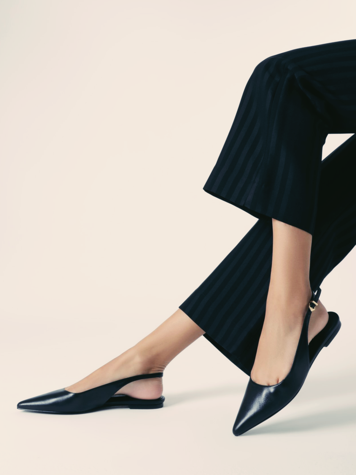 Black Vegan Leather Pointy Flats Slingbacks With Buckled Back Strap