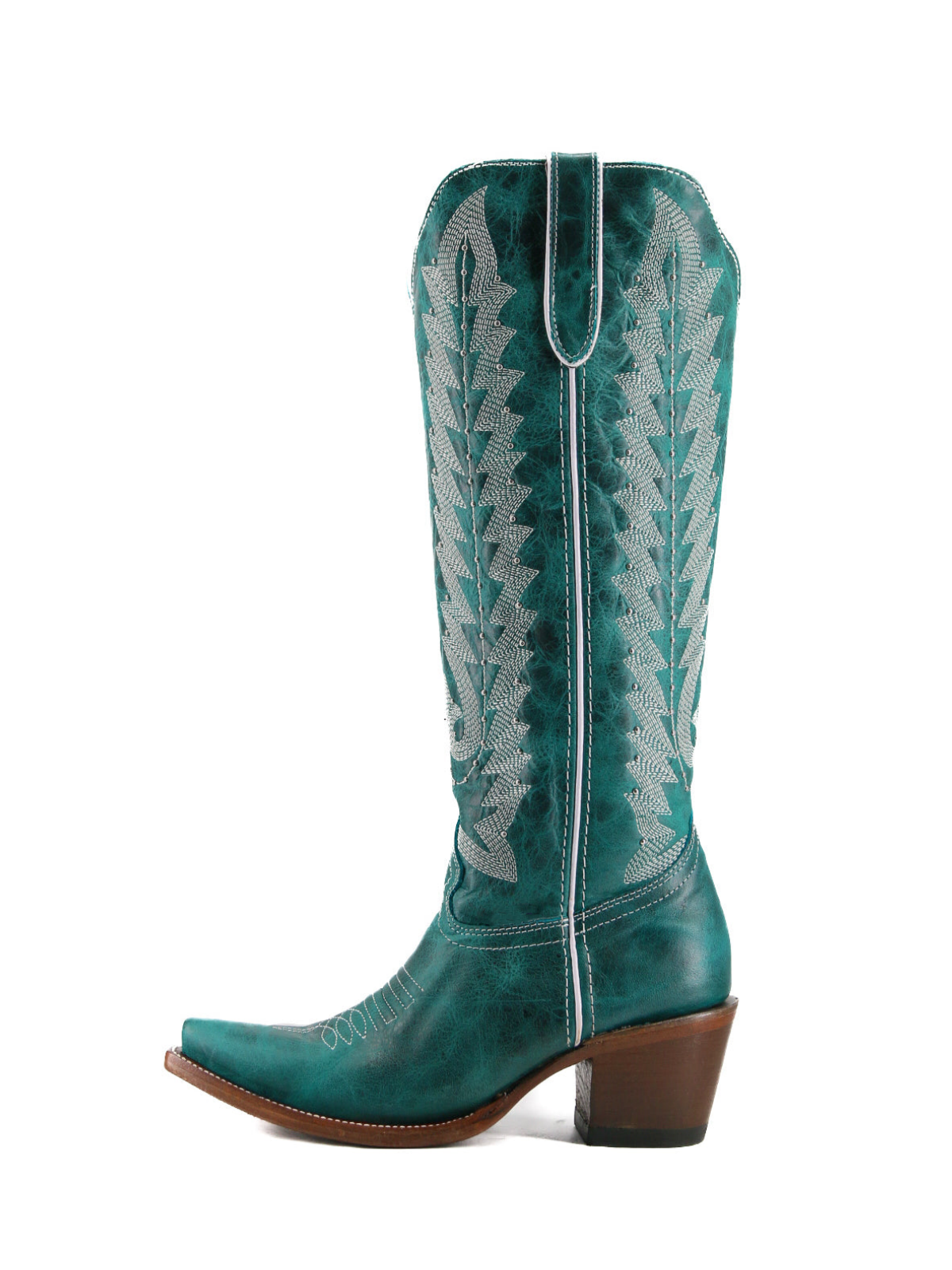 Distressed Teal Green Snip-Toe Half-Zip Classic Embroidery Studded Mid Calf Cowgirl Boots