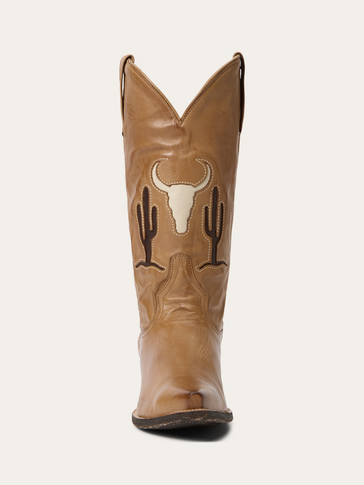 Tan Snip-Toe Steer And Cactus Inlay Wide Mid Calf Tall Cowgirl Boots