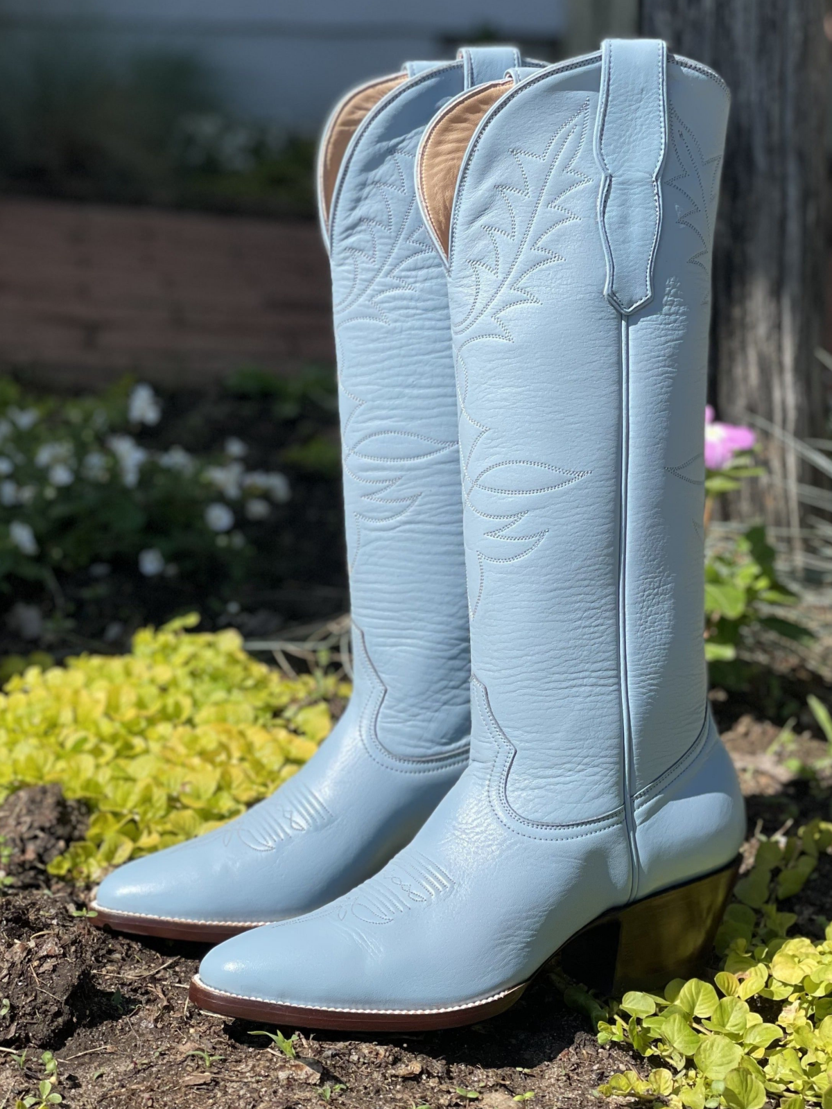 Powder Blue Vegan Leather Embroidery Almond-Toe Wide Mid Calf Tall Cowgirl Boots