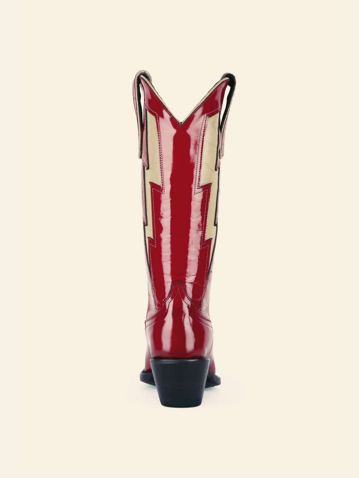 Patent Red Stitch Snip-Toe Wide Calf Tall Cowgirl Boots With Ivory Lightning Inlay