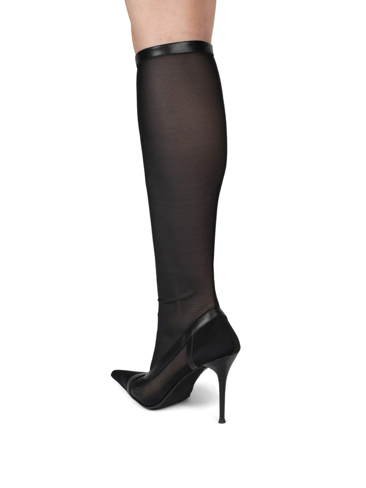 Black Pointed-Toe Full-Zip Mid Calf Stretch Mesh Stiletto Boots With Vegan Leather Contrast