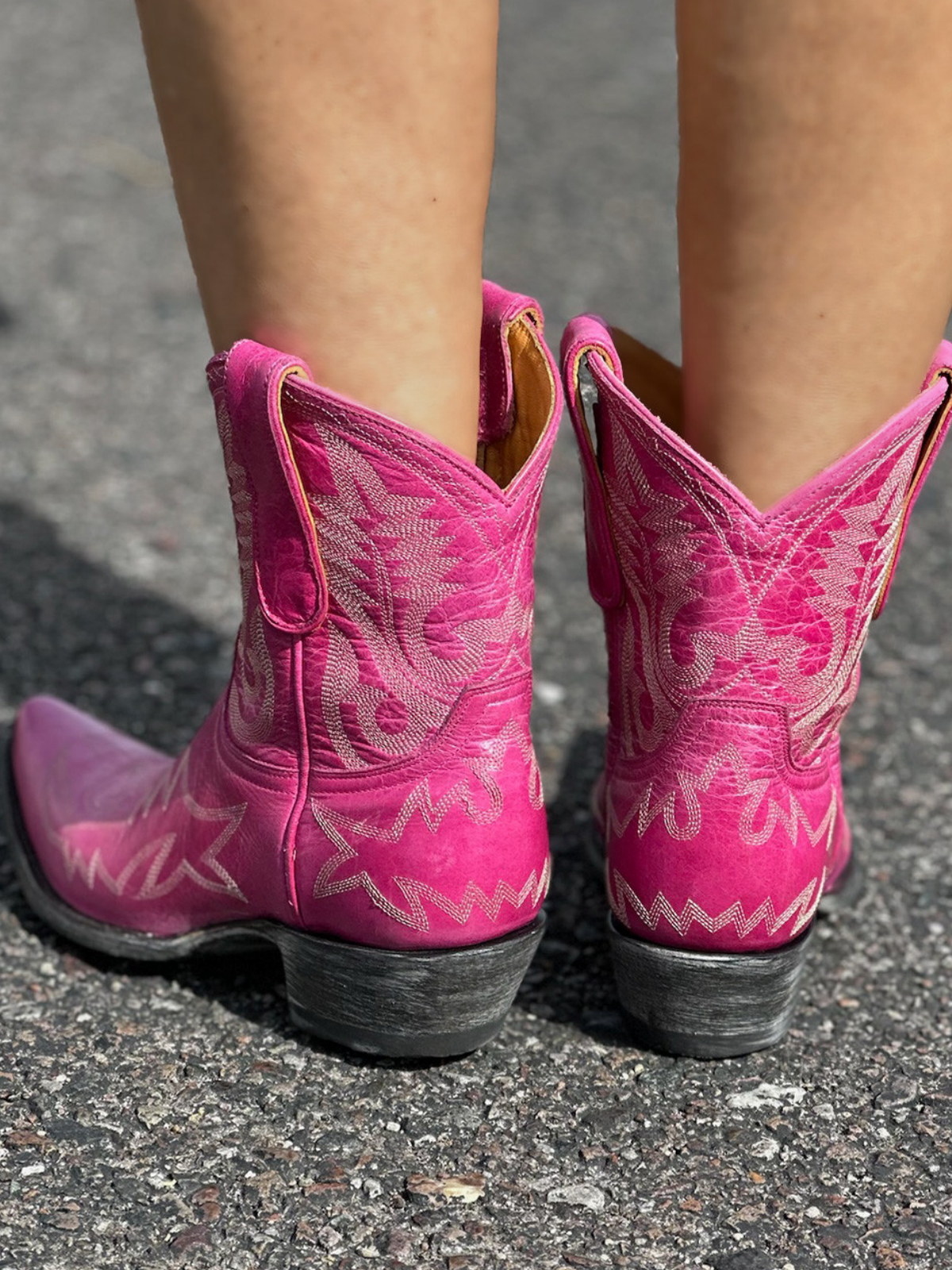 Metallic Snip-Toe Embroidery Wide Mid Calf Short Cowgirl Boots - Hot Pink