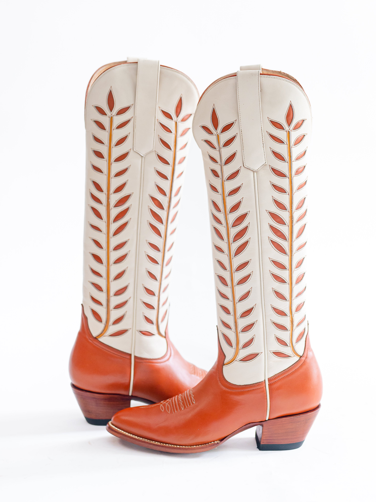 Almond-Toe Leaves Inlay Wide Calf Tall Knee High Cowgirl Boots - Contrast Orange And Ivory