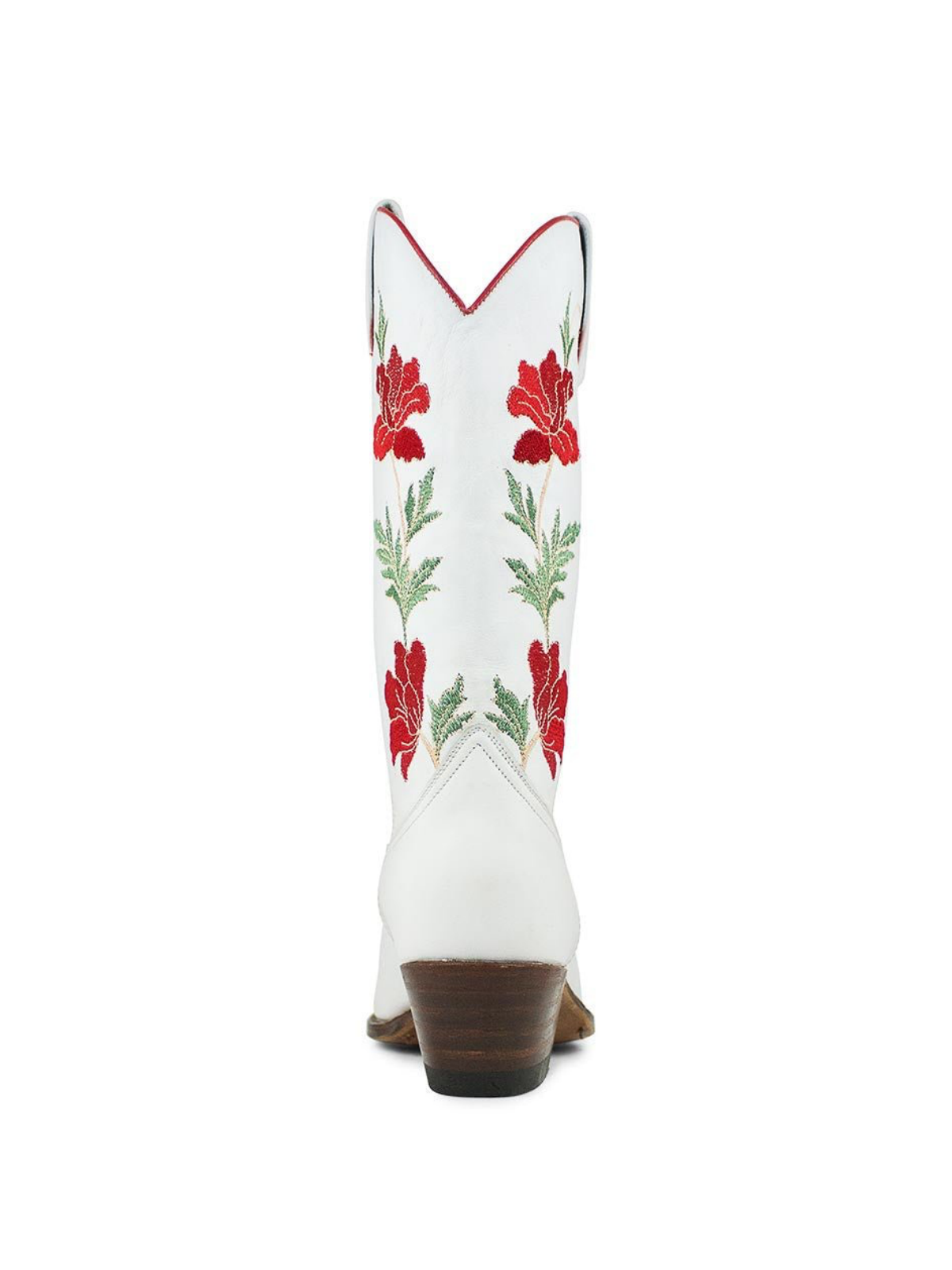 White Snip-Toe Red Flower Embroidery Wide Mid Calf Cowgirl Tall Boots