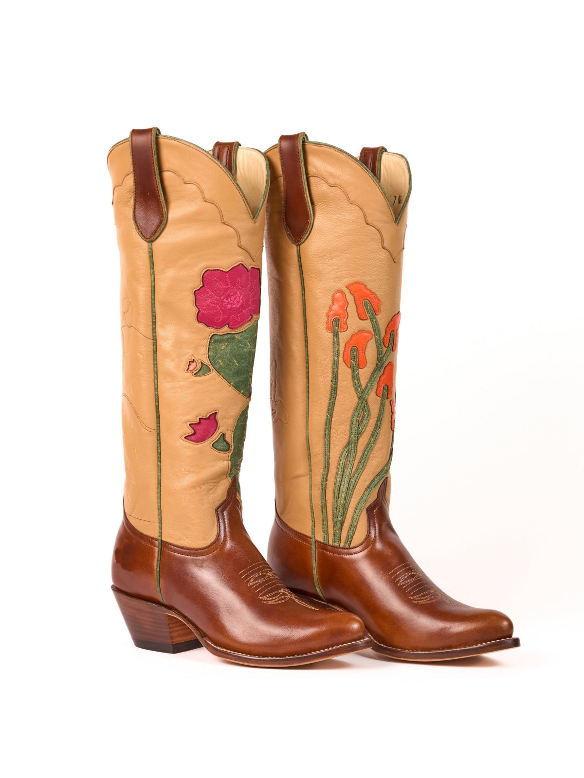 Contrast Tan And Brown Almond-Toe Cactus And Flower Inlay Applique Knee High Cowgirl Boots