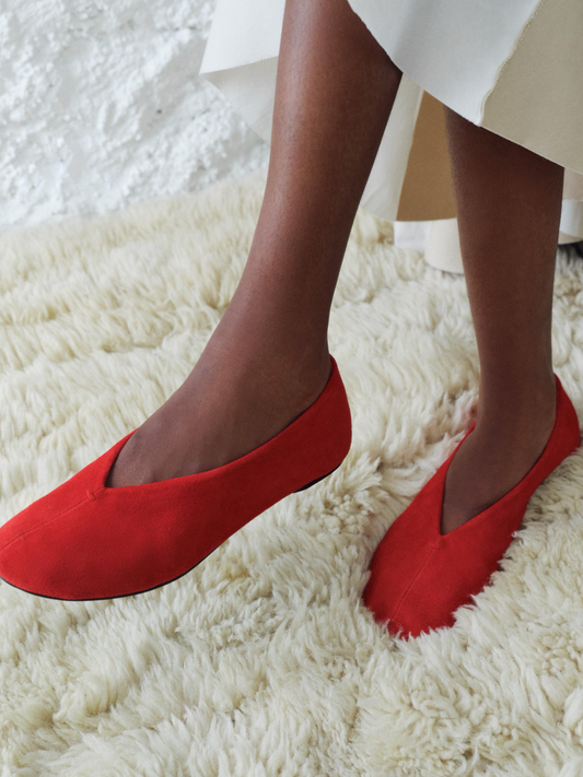 Red Faux Suede Round-Toe Ballet Flats