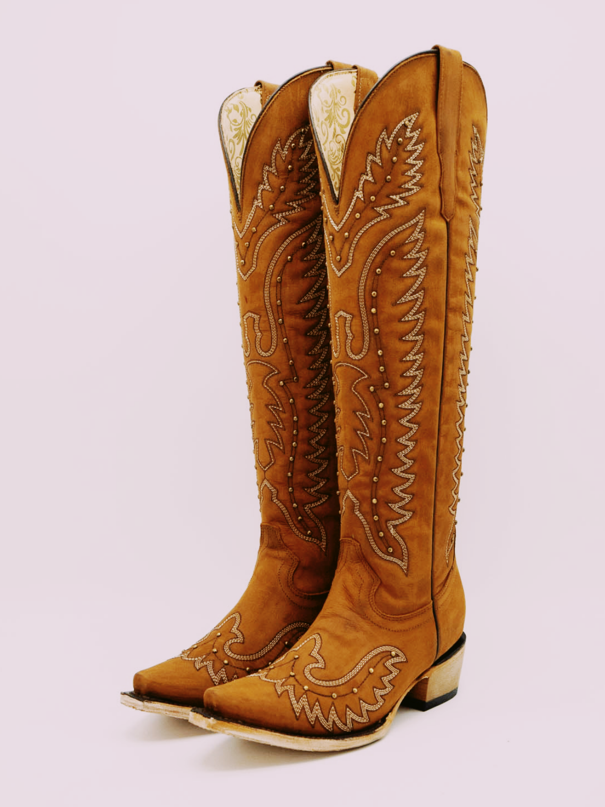 Caramel Snip-Toe Studded Embroidery Half-Zip Tall Knee High Cowgirl Boots