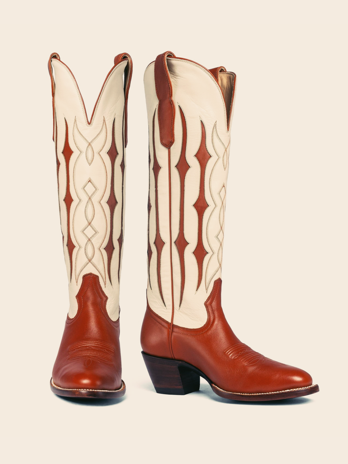 Dark Rust Contrast Inlay Stitch Almond-Toe Wide Mid Calf Western Cowgirl Boots