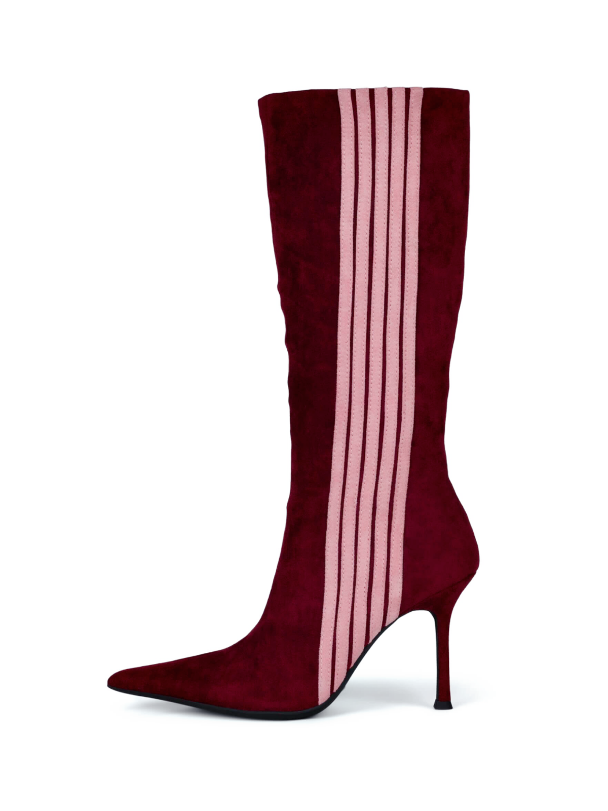 Wine Red Pointed-Toe Mid Calf Full-Zip Stiletto Boots With Contrasting Stripe