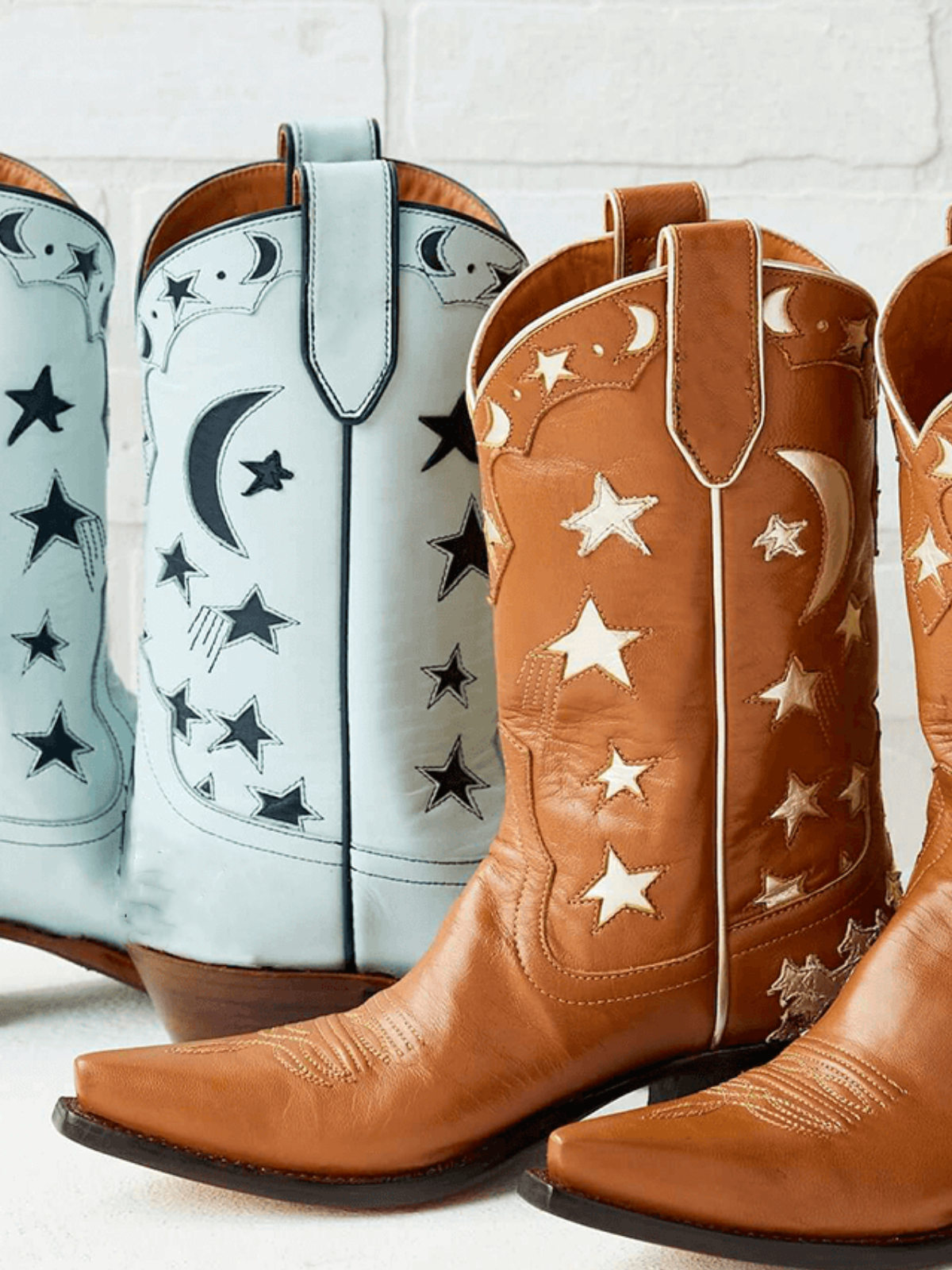 Light Blue Snip-Toe Dark Blue Stars Inlay Wide Mid Calf Cowgirl Boots