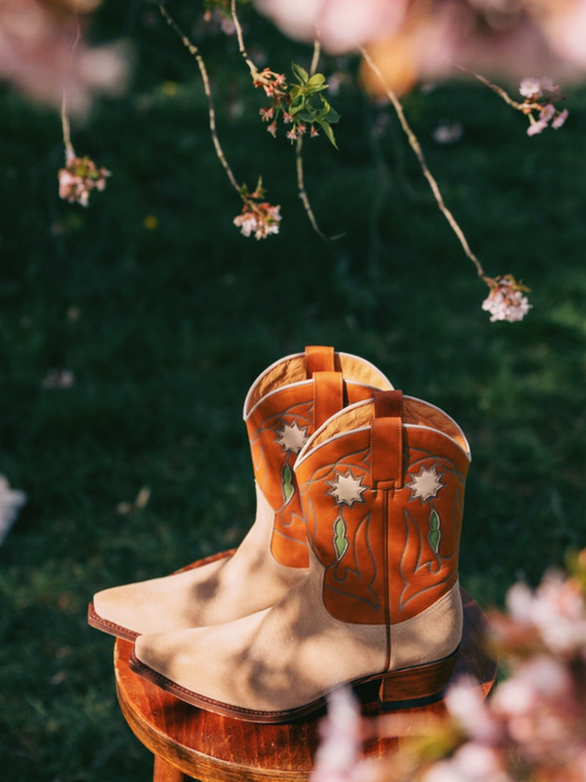 Contrast Orange And Tan Faux Suede Snip-Toe Cowgirl Ankle Booties With White Flower Inlay