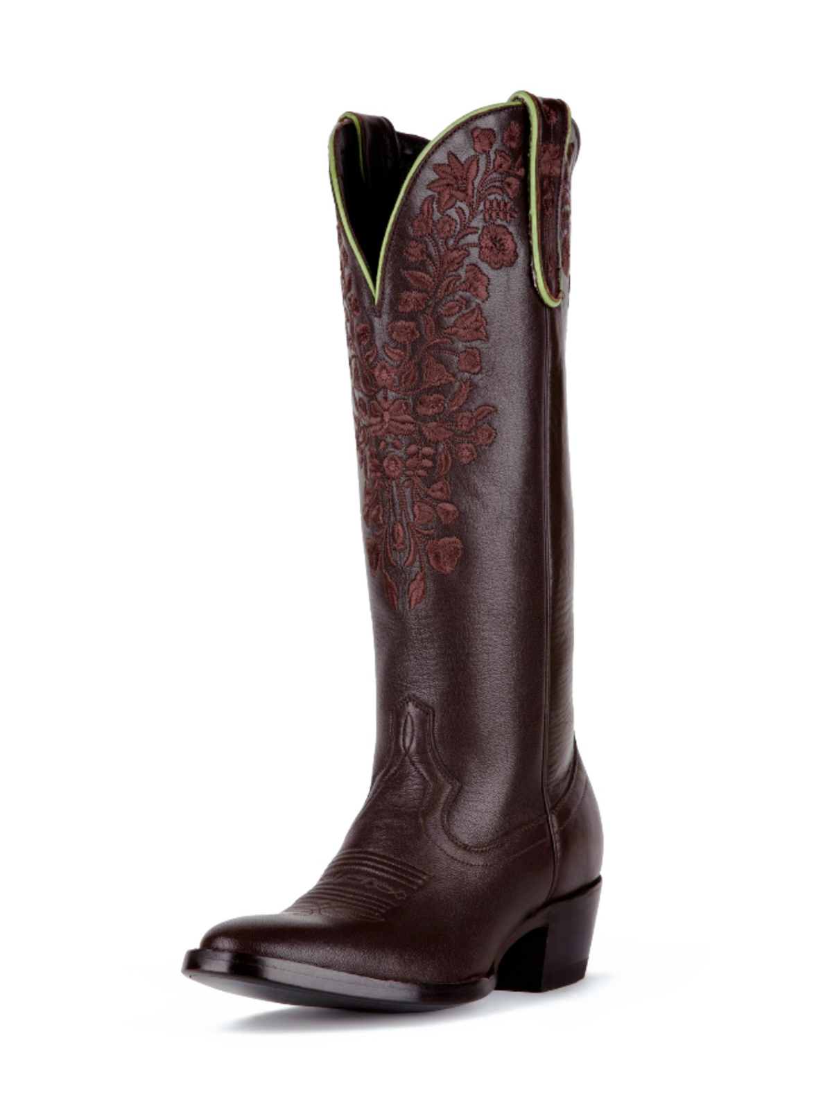 Chocolate Round-Toe Flowers Embroidery Wide Mid Calf Tall Cowgirl Boots