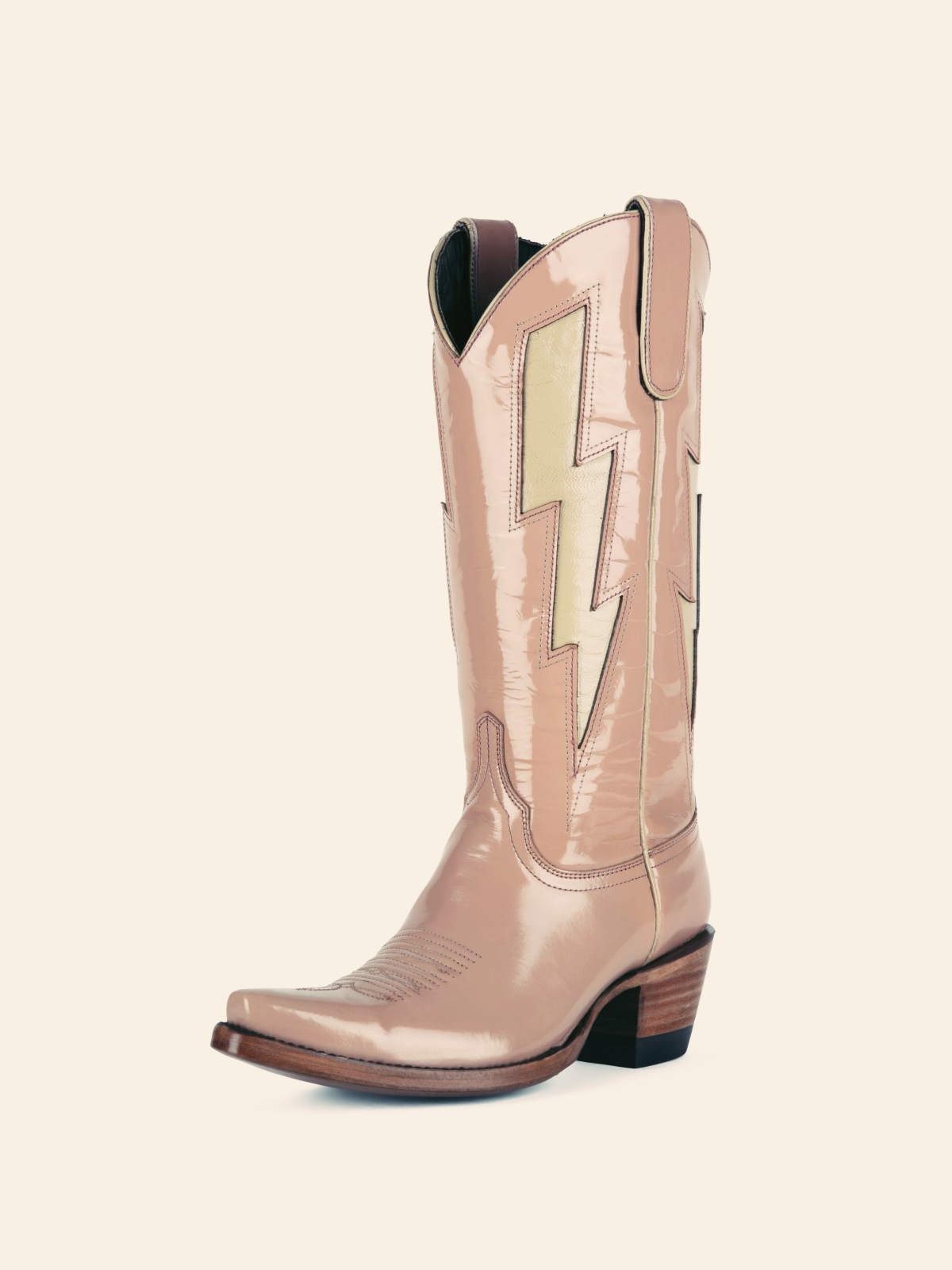 Patent Pink Stitch Snip-Toe Wide Calf Tall Cowgirl Boots With Ivory Lightning Inlay