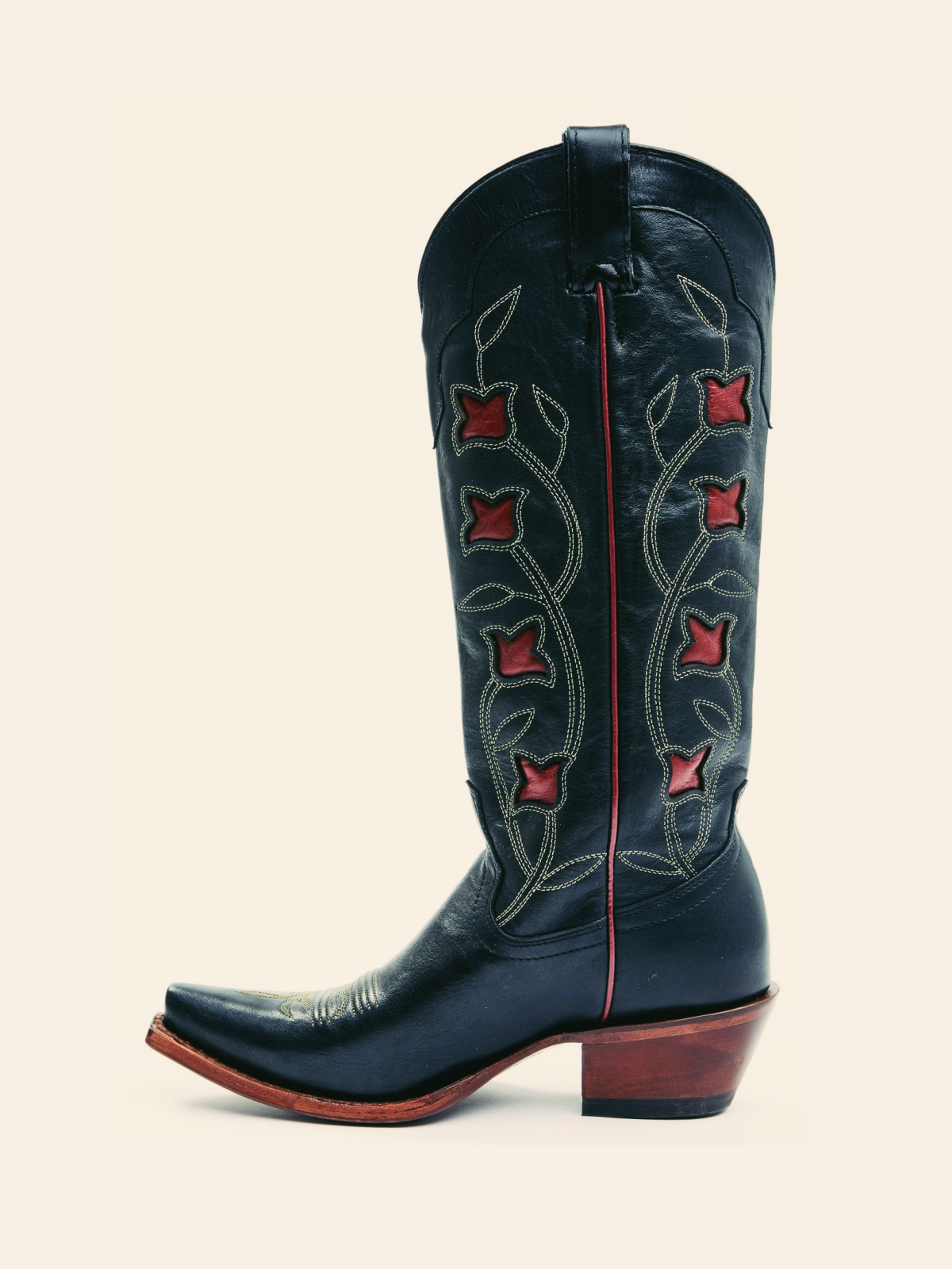 Black Snip-Toe Wide Mid Calf Western Cowgirl Boots With Red Flower Inlay