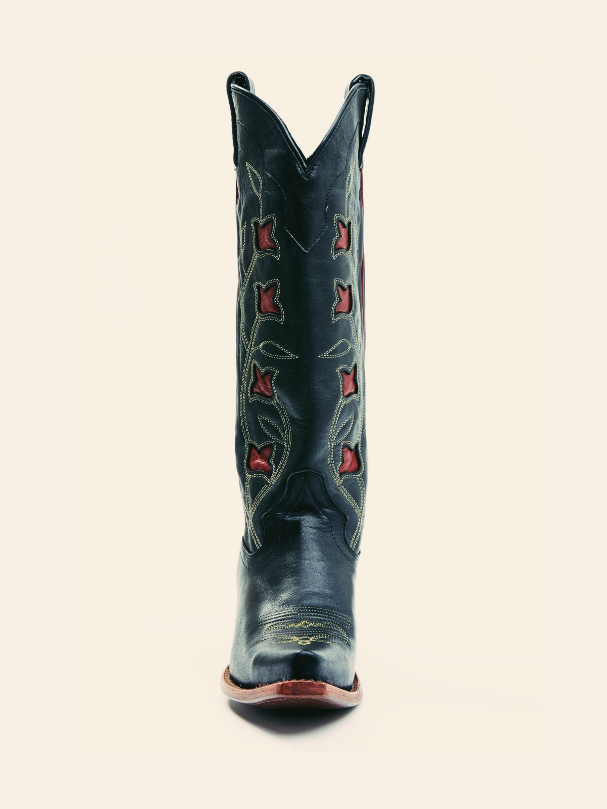 Black Snip-Toe Wide Mid Calf Western Cowgirl Boots With Red Flower Inlay