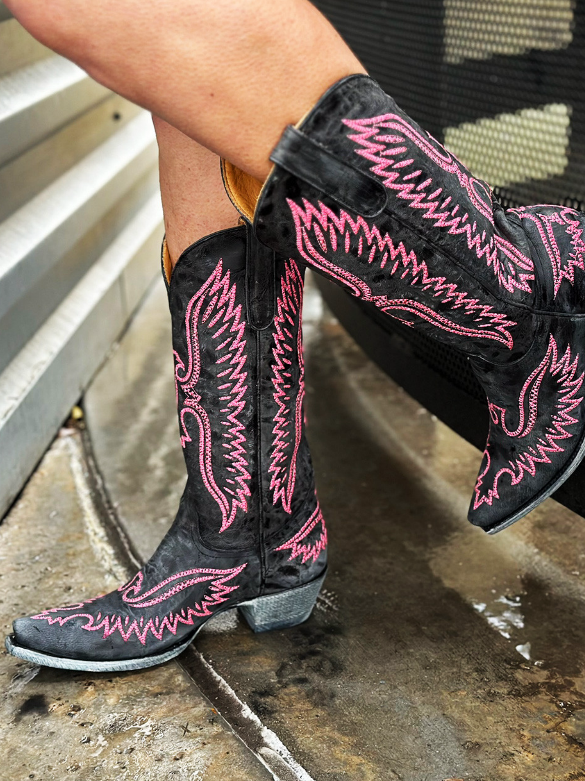 Distressed Black Snip-Toe White Eagle Embroidery Wide Mid Calf Cowgirl Boots