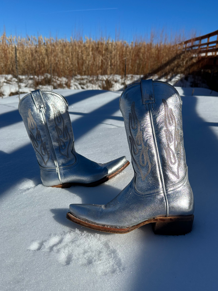 Flame Embroidery Mid Calf Cowgirl Boots - Metallic Silver