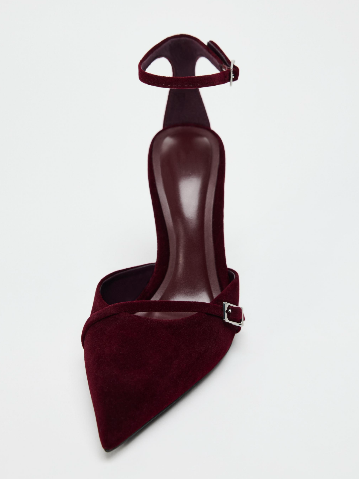 Wine Red Velvet Pointed-Toe Front Strap Pump High Heels With Buckled Ankle Strap