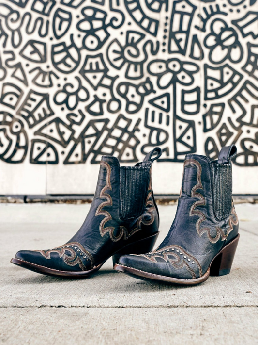 Almond-Toe Studded Embroidery Wide Mid Calf Cowgirl Boots - Black