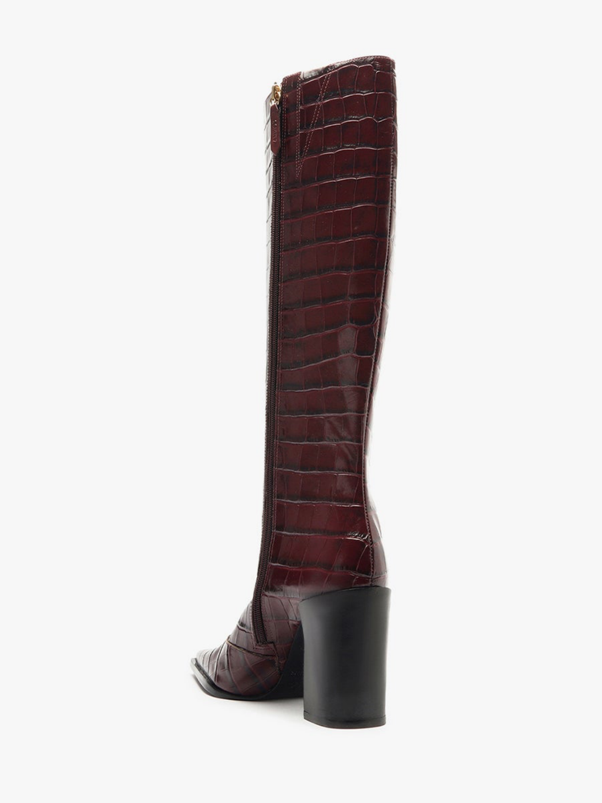 Wine Red Crocodile-Embossed Full-Zip Mid Calf Boots