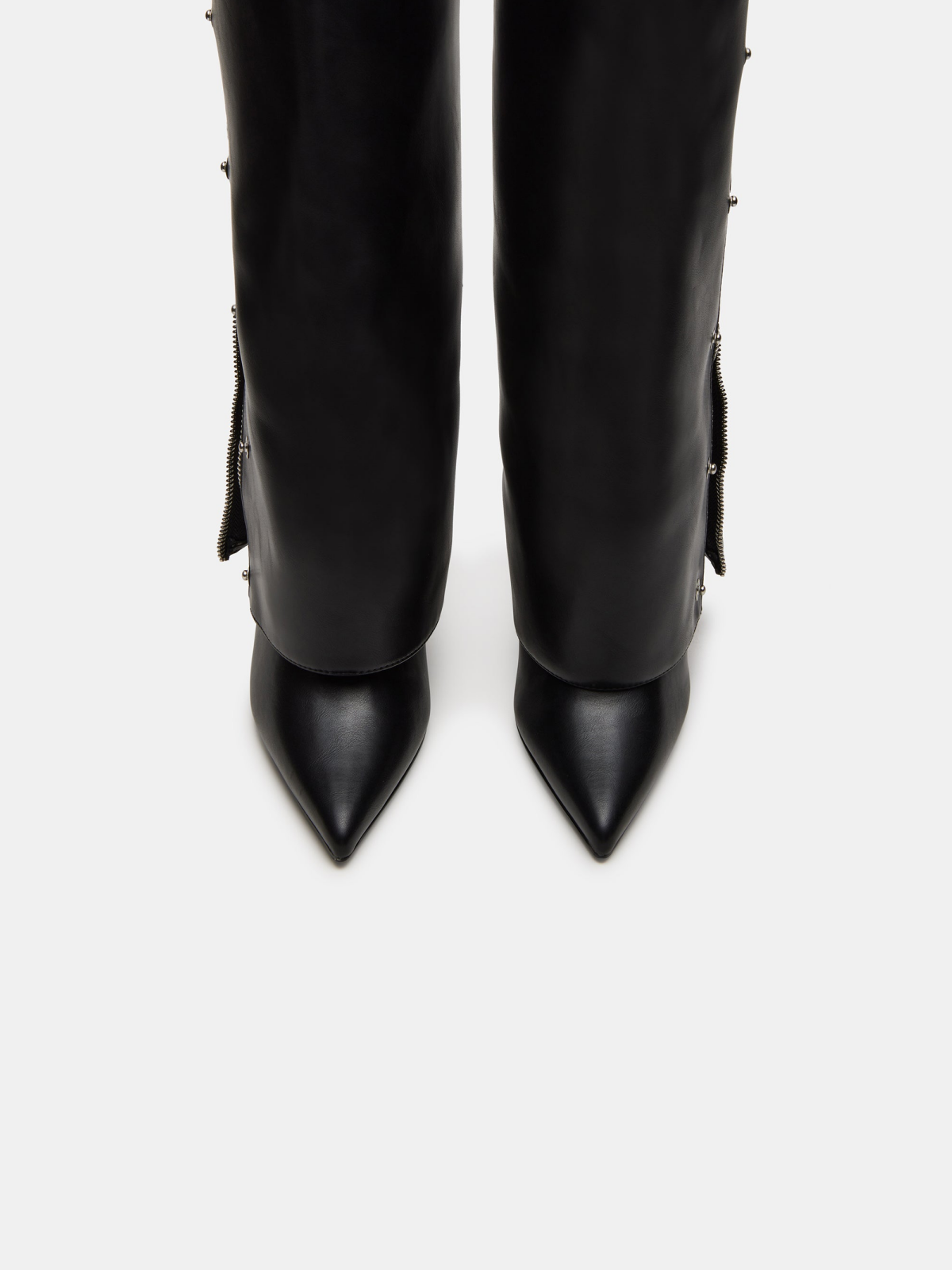 Black Pointed-Toe Studded Fold-Over Full-Zip Over-The-Knee Stiletto Boots