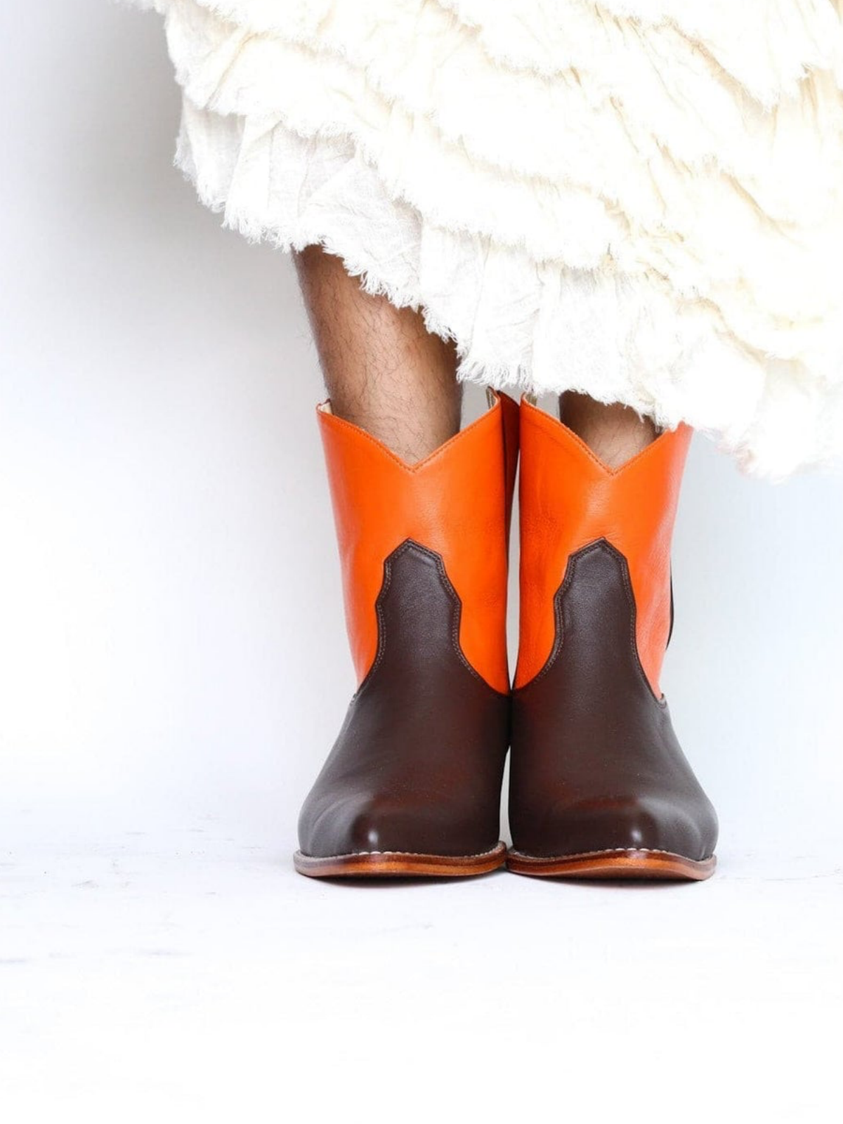 Contrast Chocolate And Orange Almond-Toe Back-Zip Mid Calf Cowgirl Boots