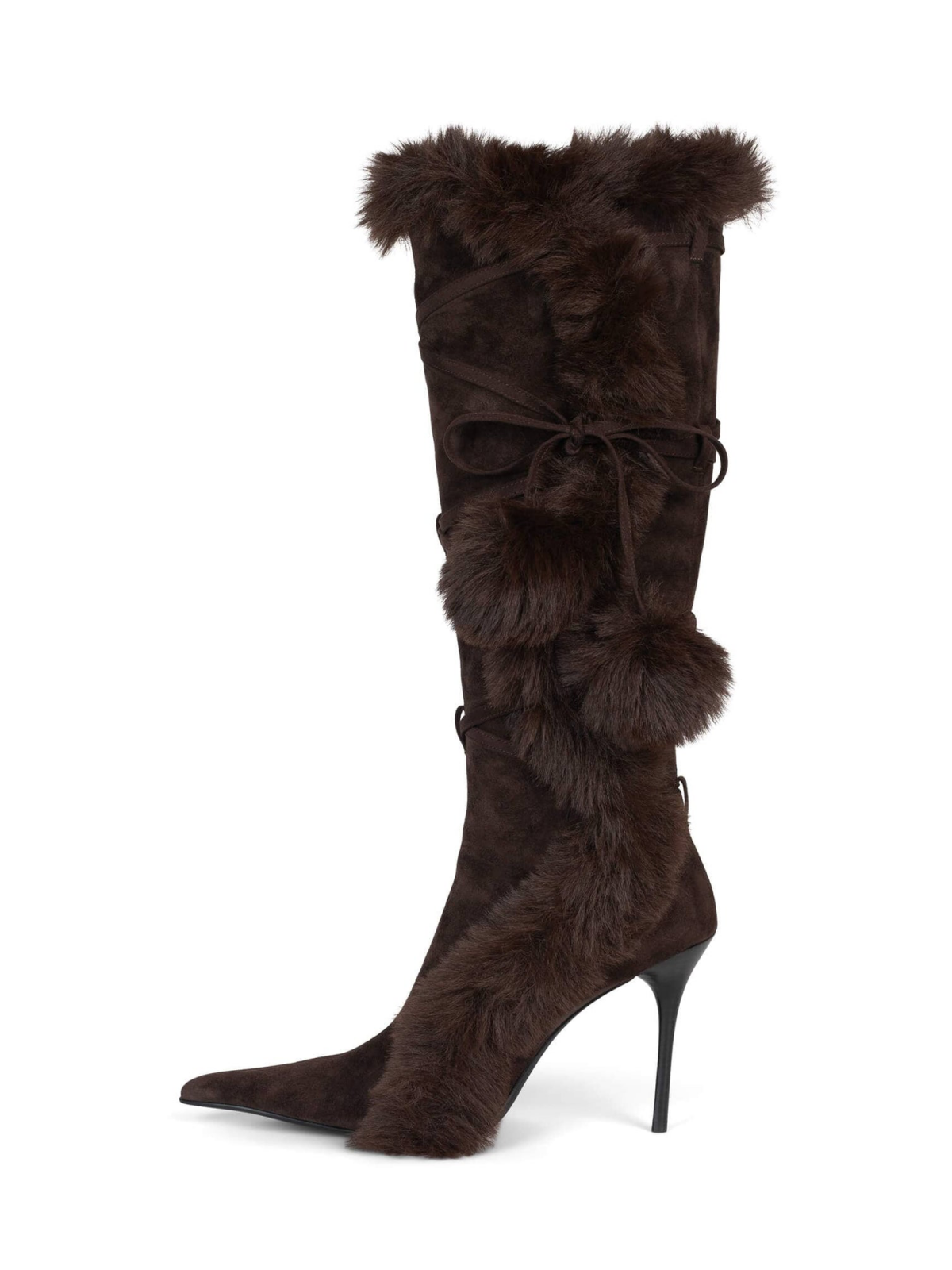 Brown Faux Suede Pointed-Toe Full-Zip Mid Calf Stiletto Boots With Wrap-Around And Plush