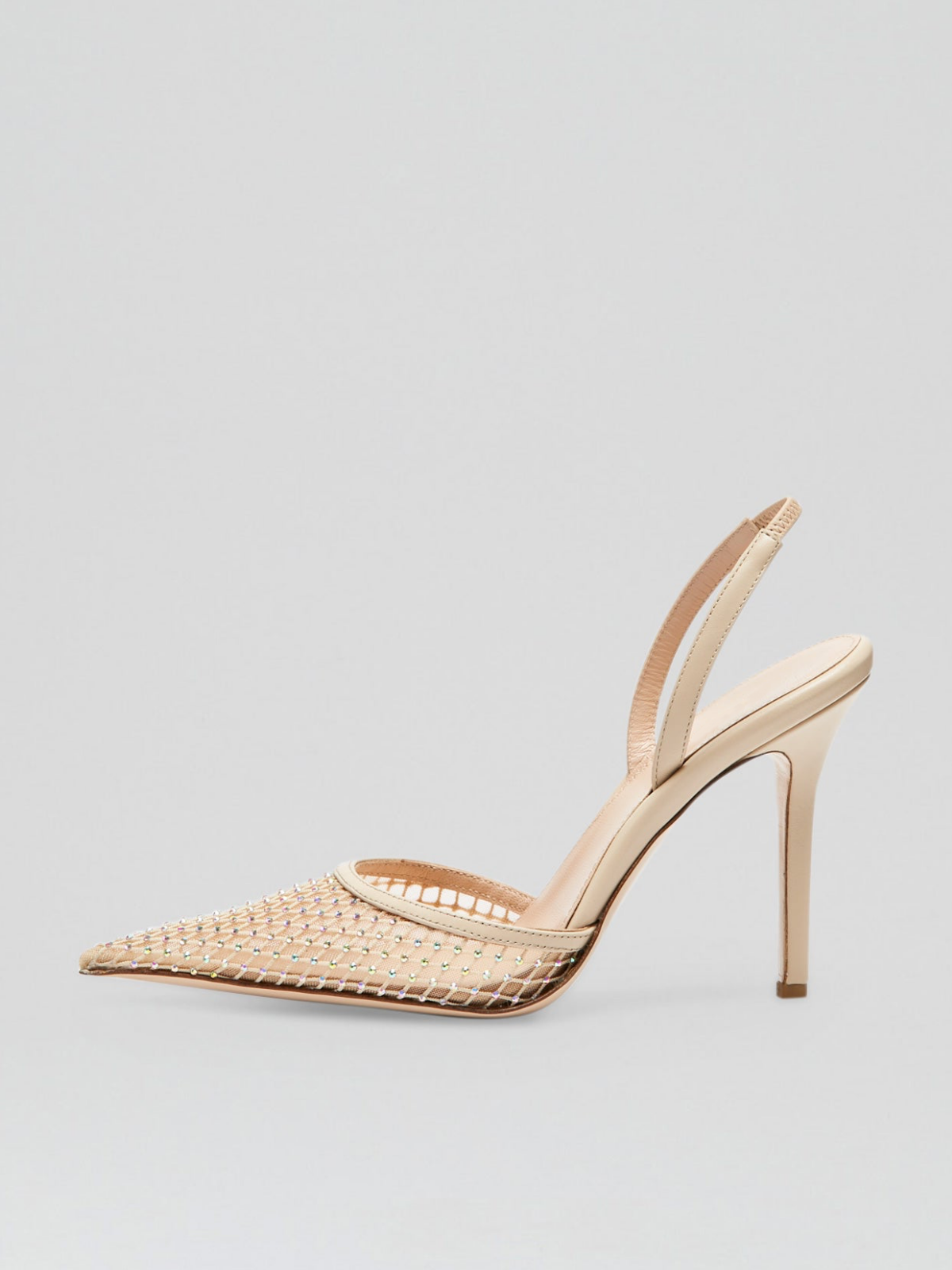 Nude Fishnest Iridescent Rhinestone Pointy Stiletto Slingback Pumps