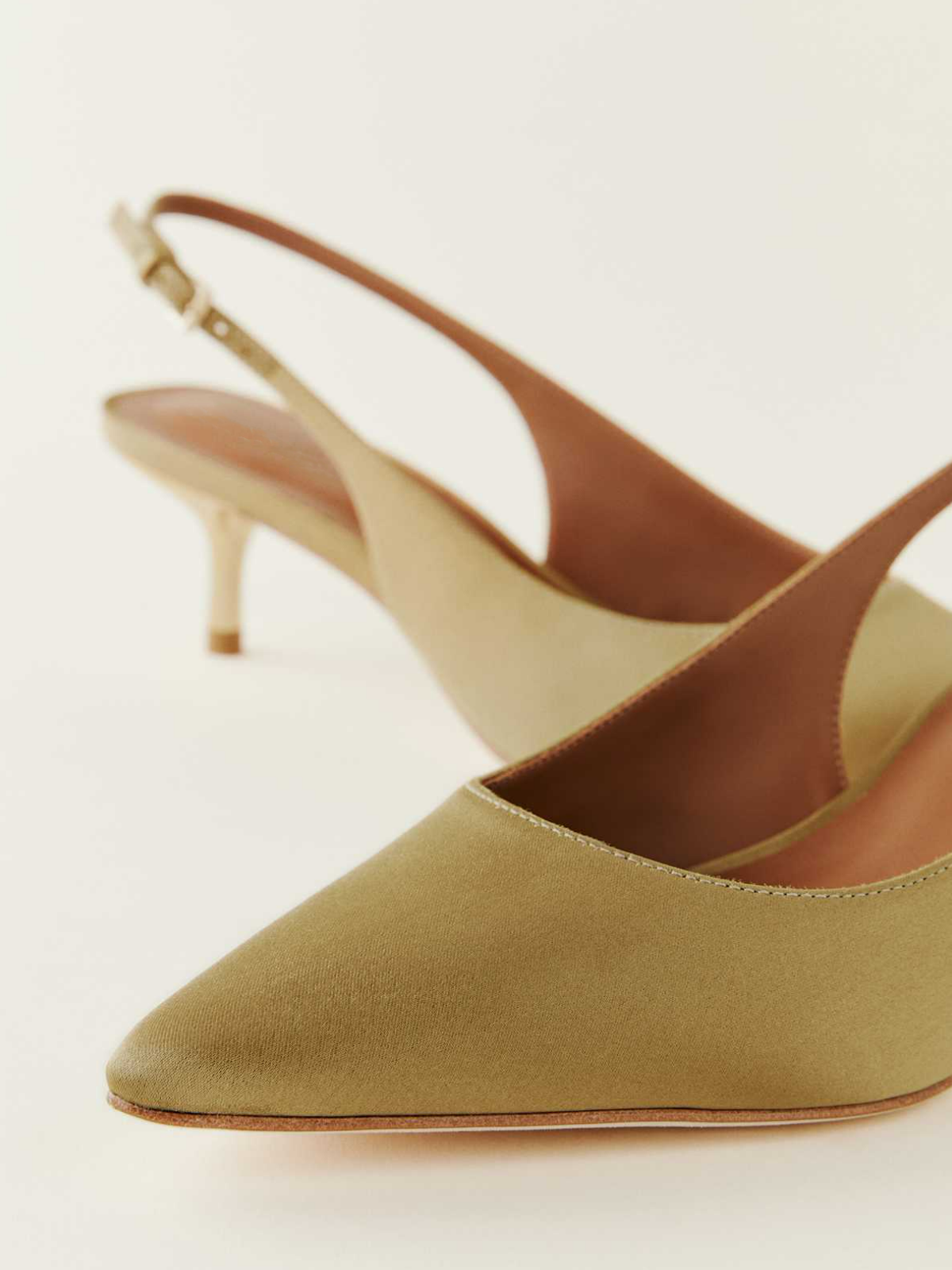 Green Satin Pointed-Toe Slingback Pump Kitten Heels