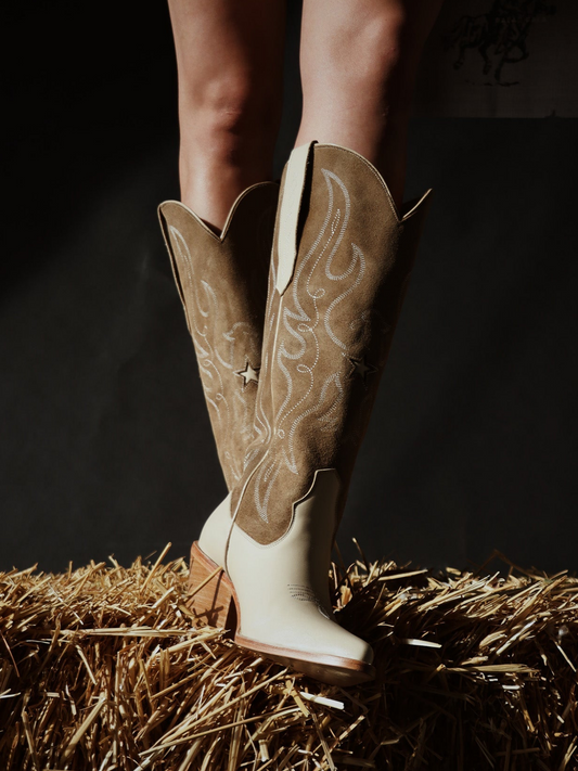 Contrast Taupe Faux Suede And Gray Snip-Toe Embroidery Star Inlay Wide Mid Calf Cowgirl Boots