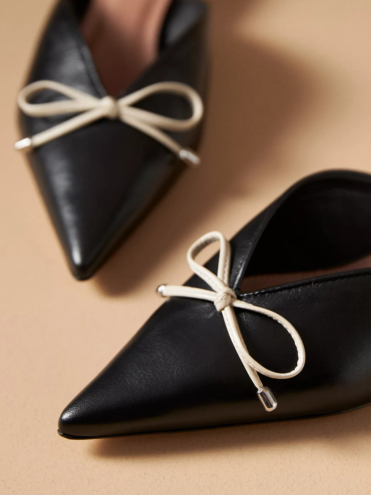 Black Pointed-Toe Slip-On Kitten Heels With Bow