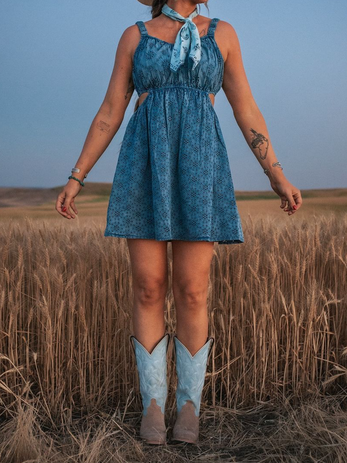 Contrast Tan Faux Suede And Powder Blue Square-Toe Embroidery Wide Mid Calf Tall Cowgirl Boots