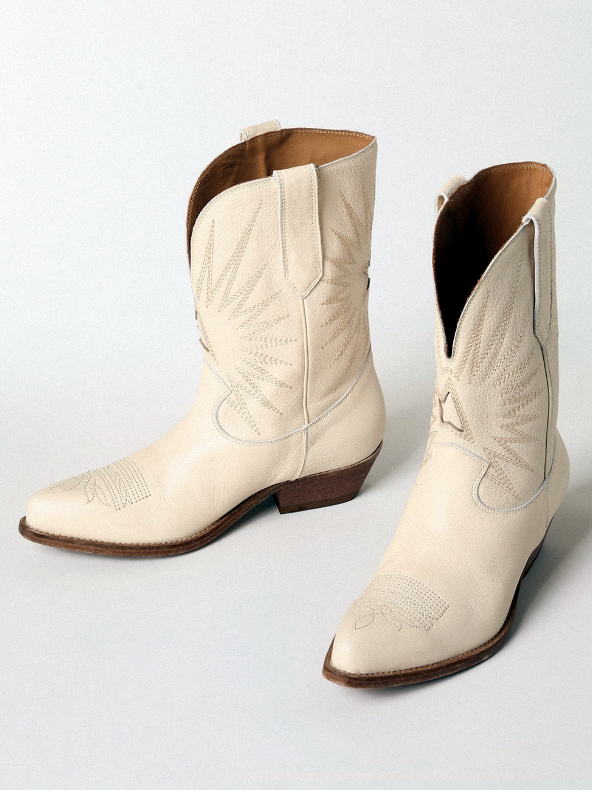 Snip-Toe Star Burst Inaly Embroidery Wide Mid Calf Cowgirl Boots - Cream