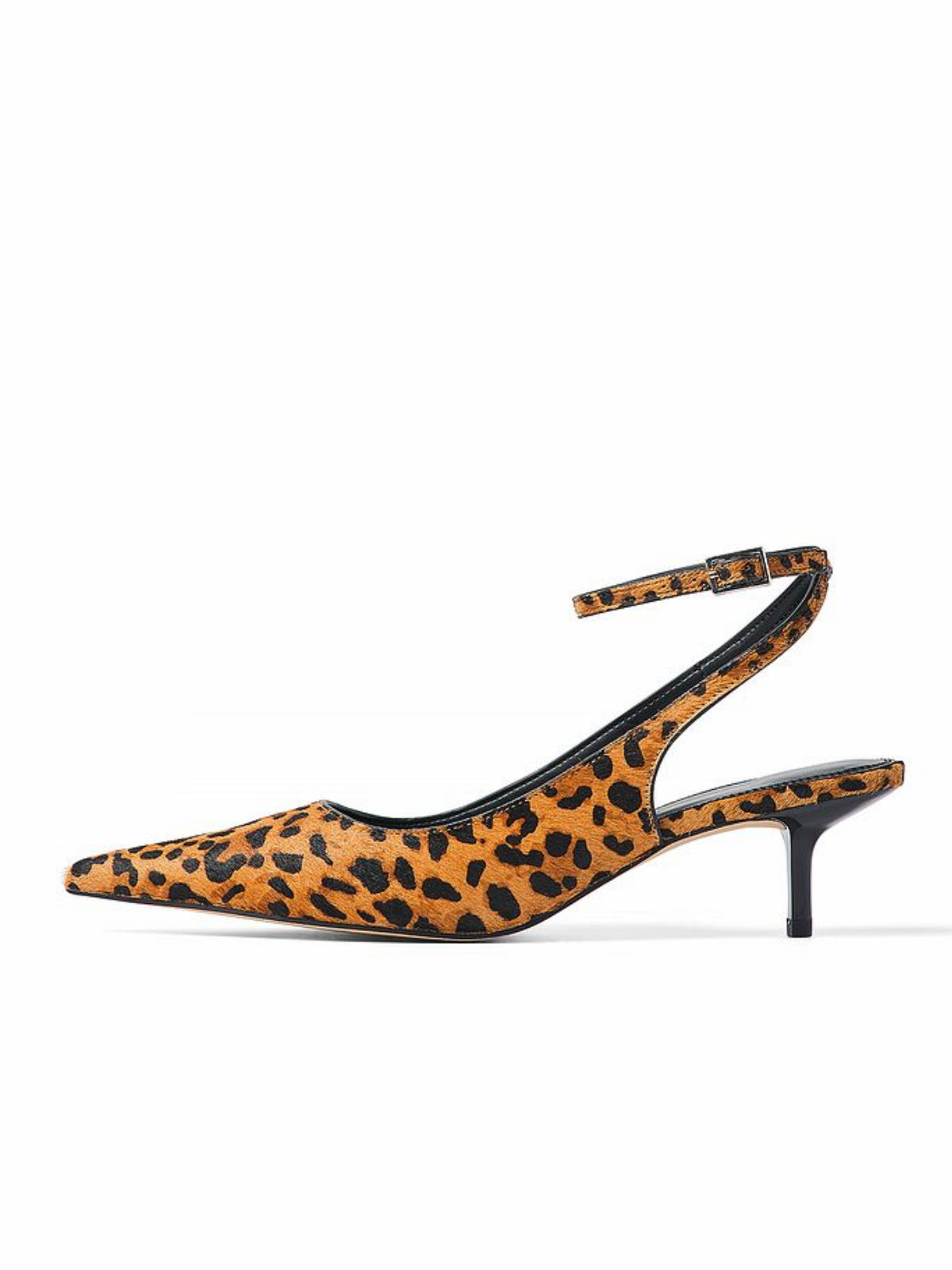 Faux Leopard Print Calf Hair Pointed-Toe Slingback Pump Kitten Heels With Ankle-Strap