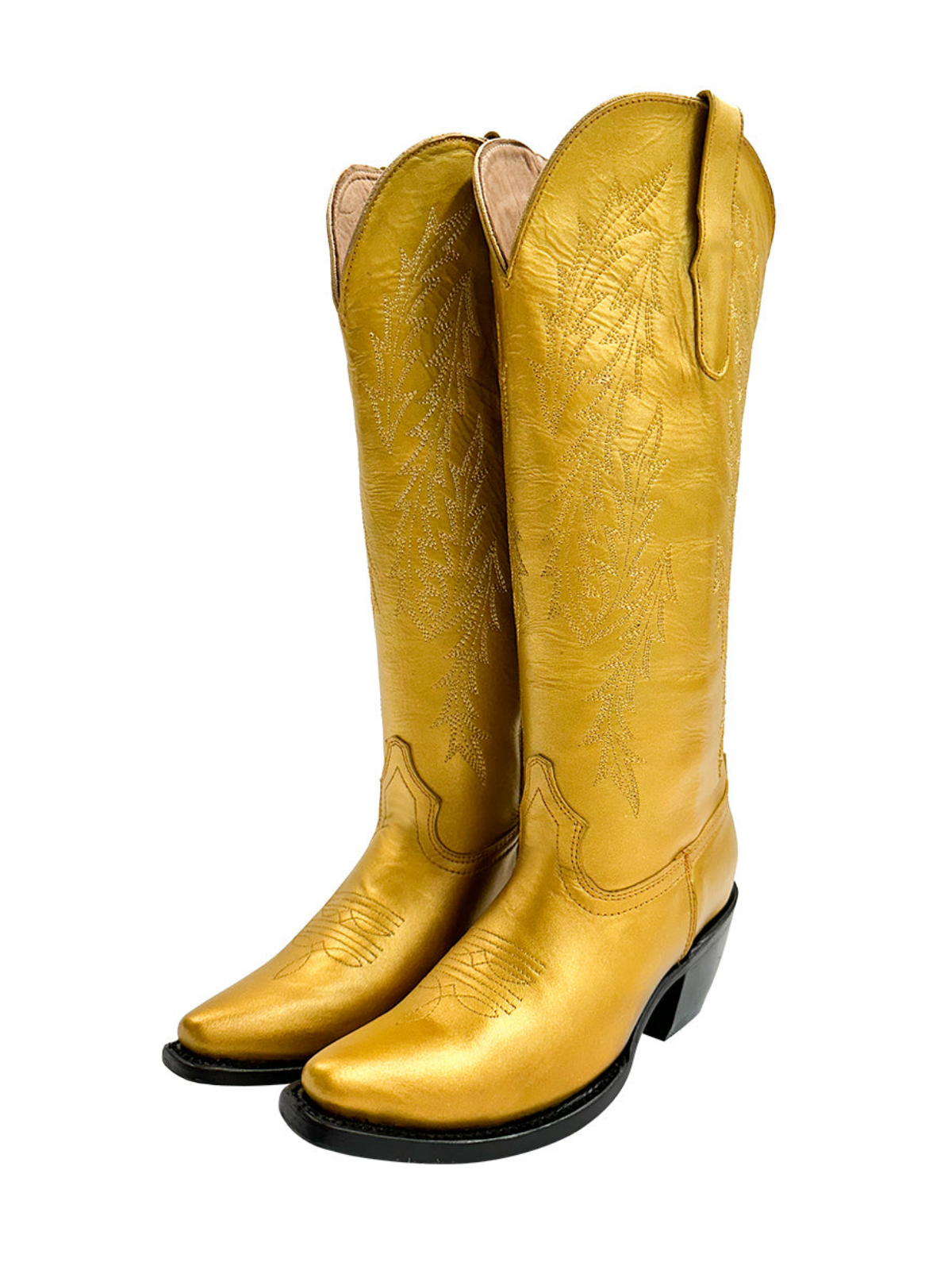 Metallic Snip-Toe Leaf Embroidery Half-Zip Mid Calf Tall Cowgirl Boots - Gold