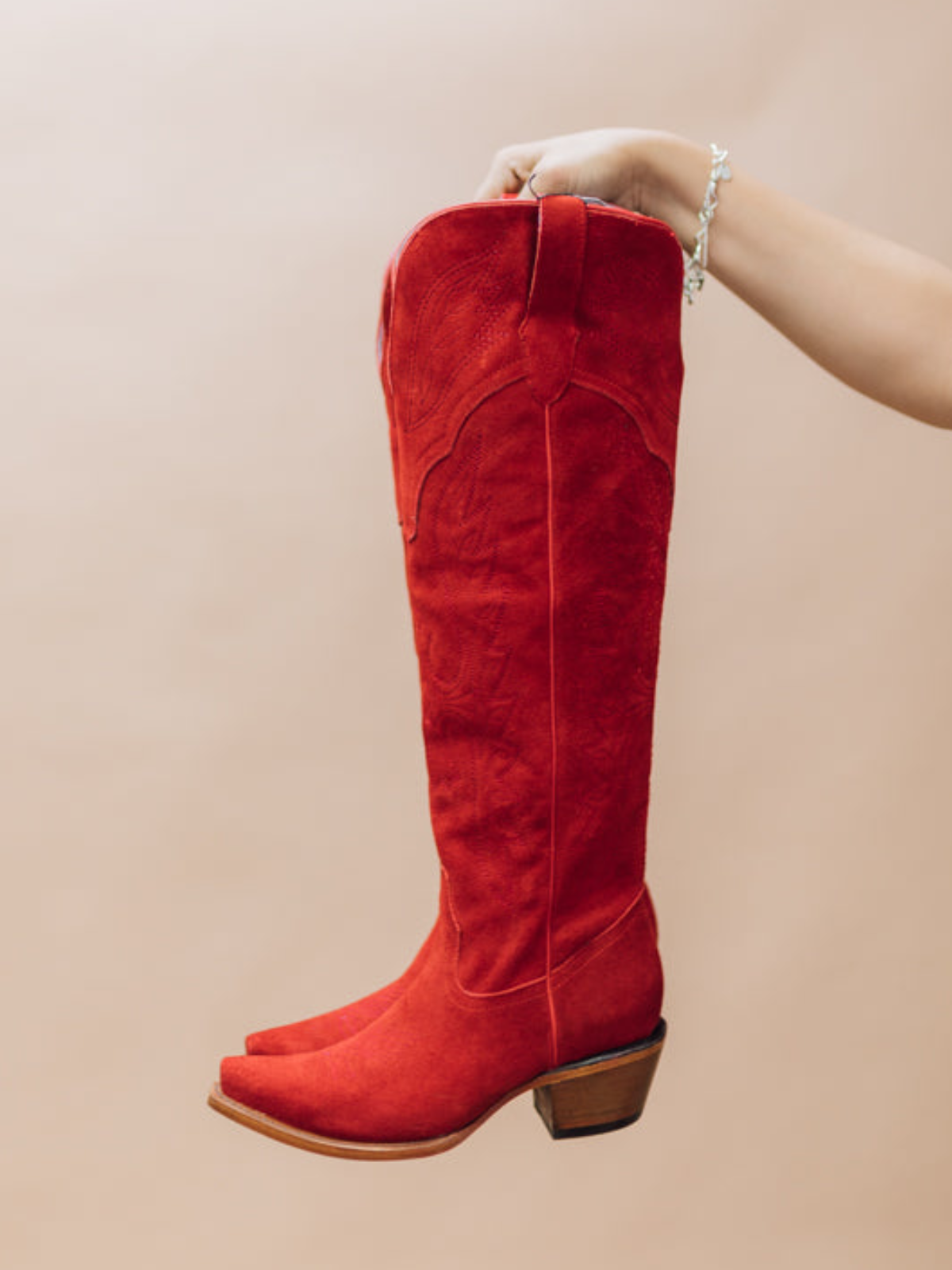 Eagle Embroidery Snip-Toe Half-Zip Over-The-Knee Tall Cowgirl Boots - Red Faux Suede