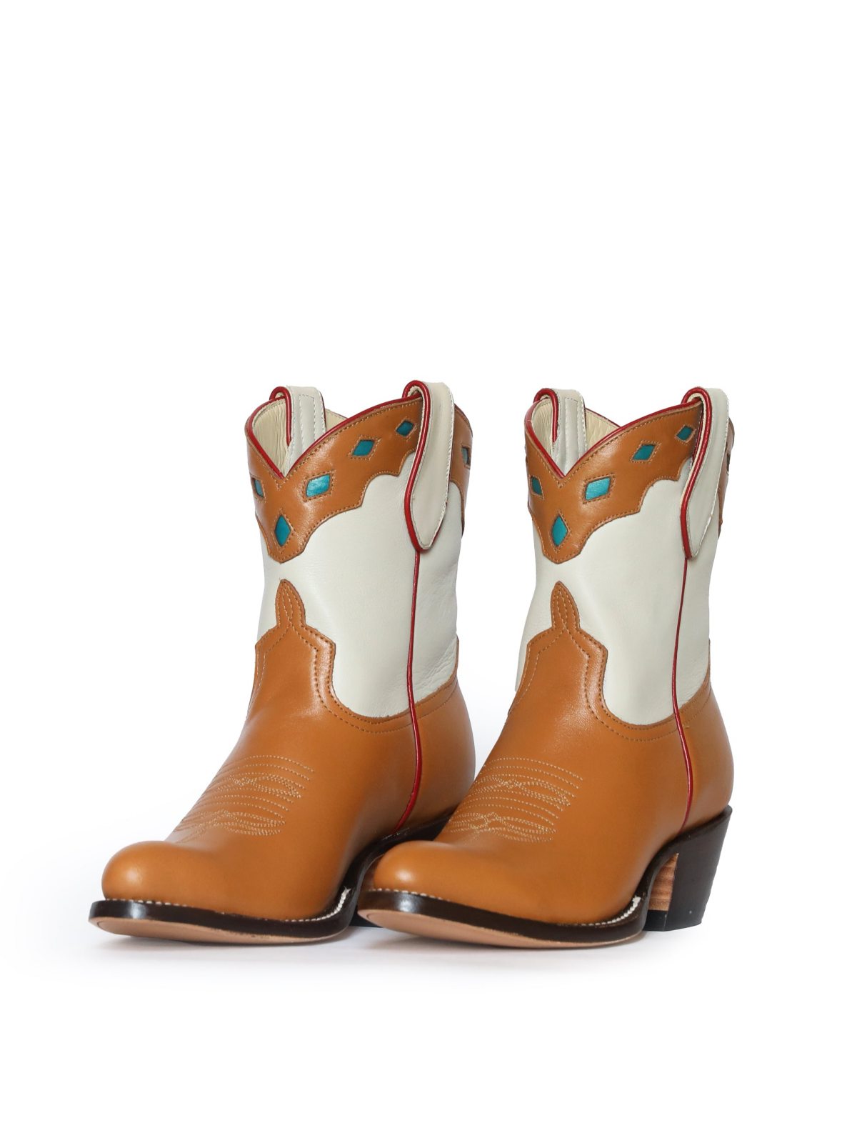 Contrast Orange Brown And White Inlay Round-Toe Wide Mid Calf Cowgirl Boots