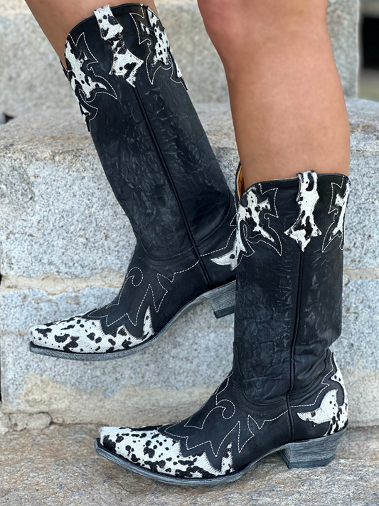 Distressed Black Snip-Toe Faux Cowhide Pony Hair Applique Wide Mid Calf Cowgirl Boots