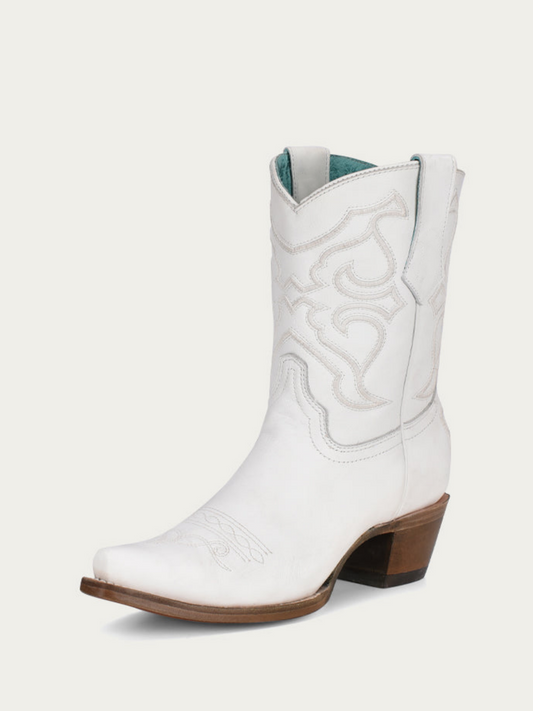 White Snip-Toe Embroidery Wide Mid Calf Cowboy Boots For Women