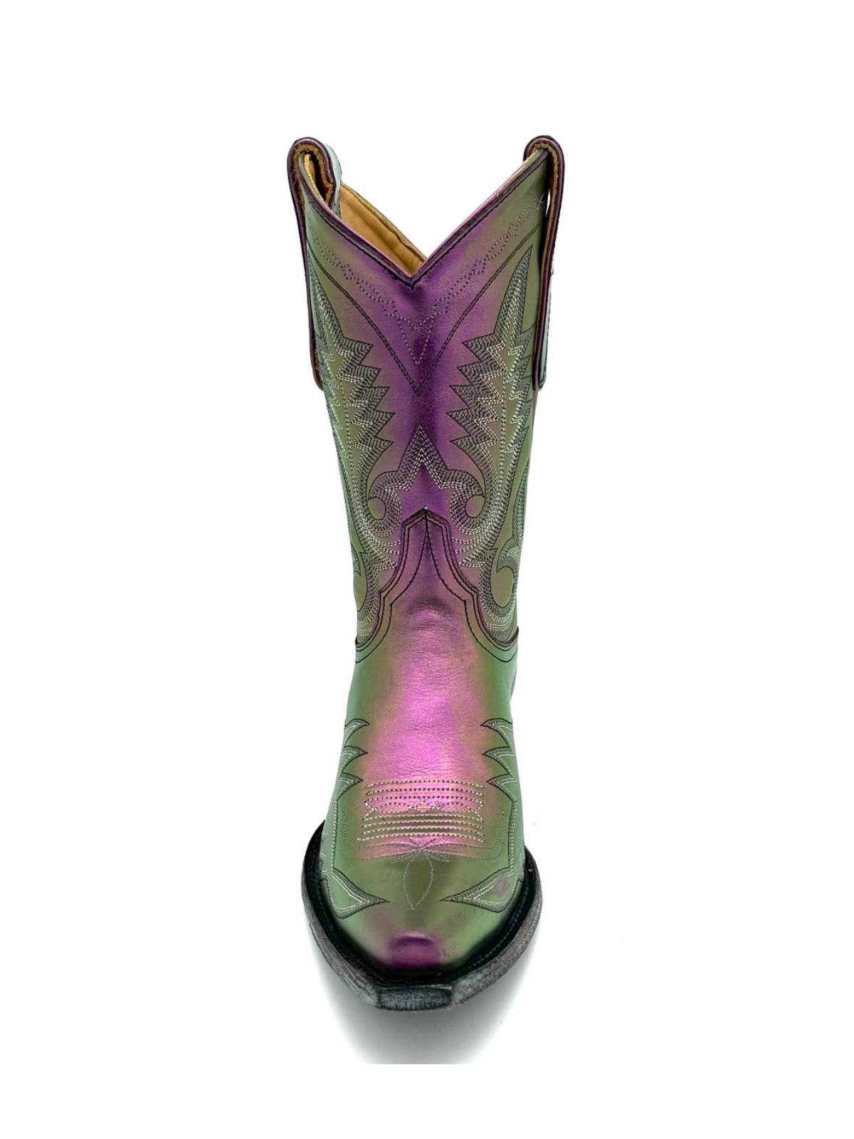 Metallic Iridescent Snip-Toe Embroidery Wide Mid Calf Cowgirl Boots