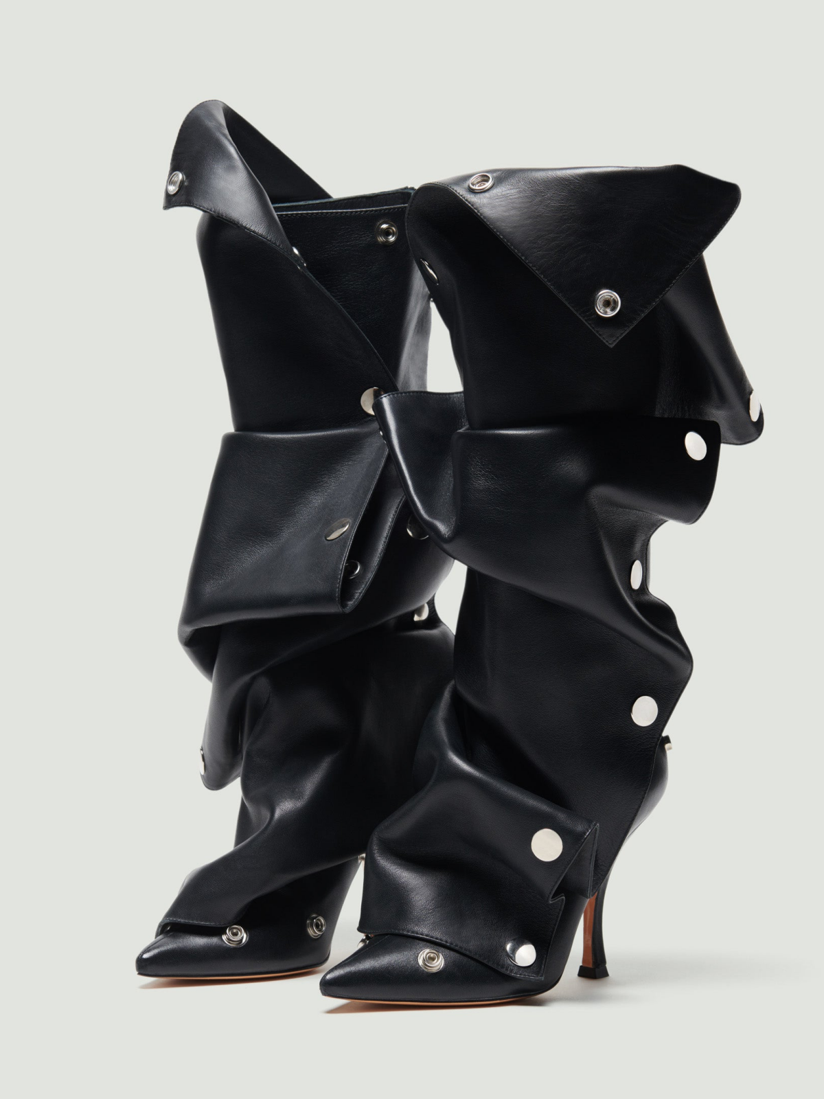 Black Pointed-Toe Detachable Snap Panel Full-Zip Mid Calf Stiletto Boots