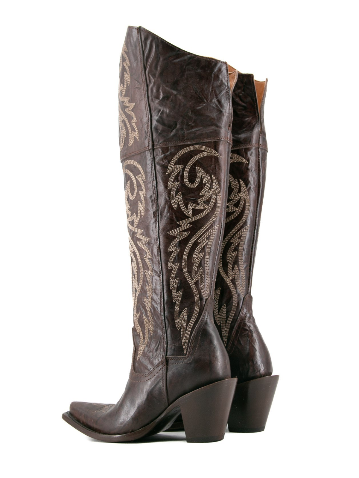 Distressed Snip-Toe Embroidery Tall Half-Zip Knee High Cowgirl Boots - Tobacco