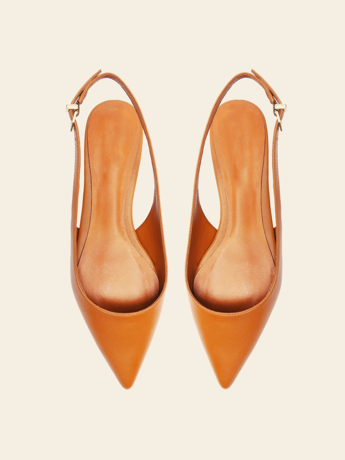 Orange Vegan Leather Pointy Flats Slingbacks With Buckled Back Strap