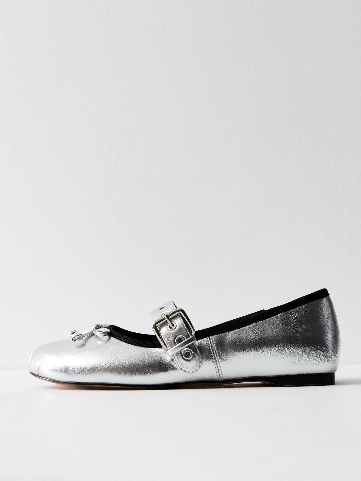 Metallic Silver Bow Ballet Flats Mary Janes With Eyelet Buckled Strap