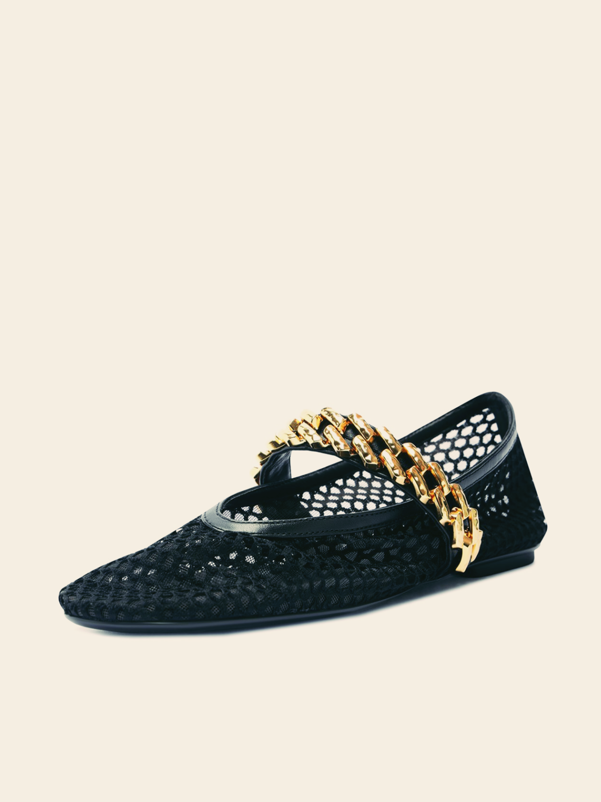 Black Fishnet Round Toe Flats Mary Janes With Gold Chain Strap