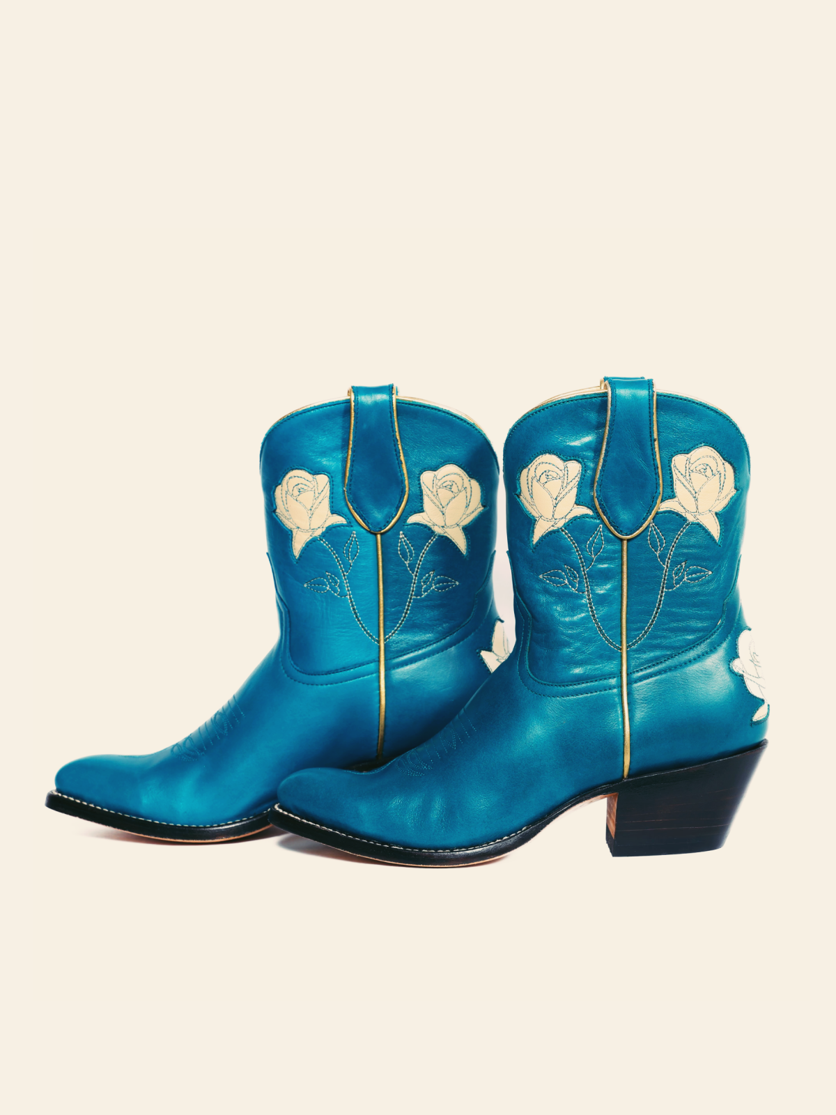 Steel Blue Almond-Toe Cowgirl Ankle Booties With White Rose Inlay