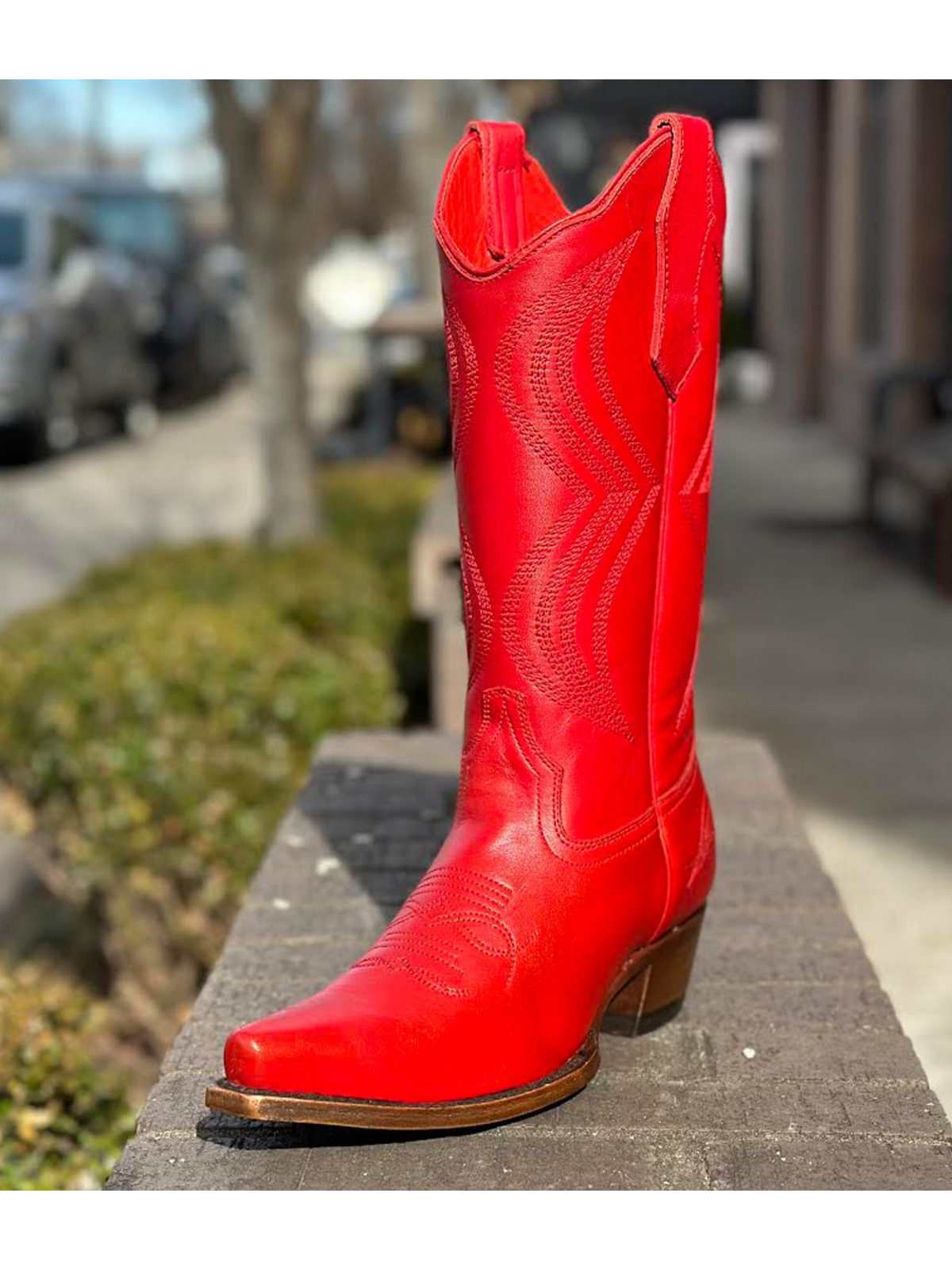 Red Embroidery Tall Snip-Toe Wide Mid Calf Cowgirl Boots