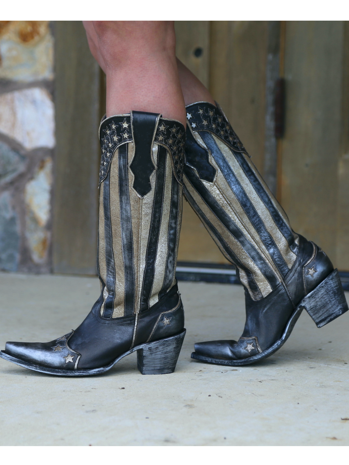 Contrast Black And Metallic Silver Snip-Toe Star Inlay Wide Mid Calf Cowgirl Boots